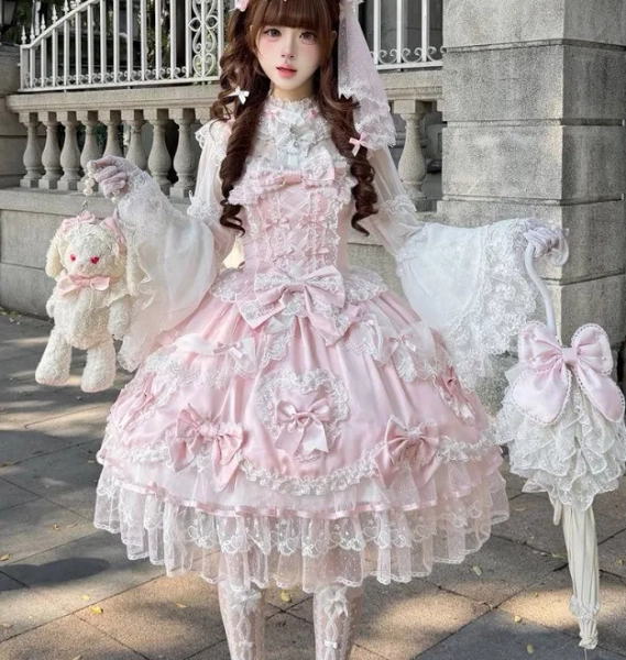 Pink Sweetheart Sleeveless Multi-Layered Embroidered Bow Lace Lace-Up Sweet Lolita JSK Dress