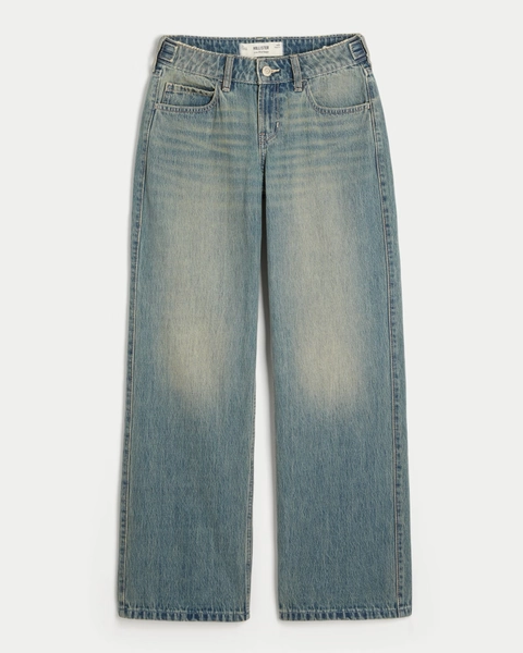 Adjustable Waist Low-Rise Medium Wash Baggy Jeans