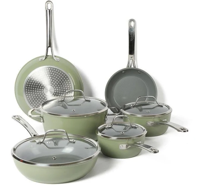 Sur La Table Kitchen Essentials 10 Piece PFA Free Titanium Ceramic Nonstick Interior Forged Aluminum Cookware Pots and Pans Set