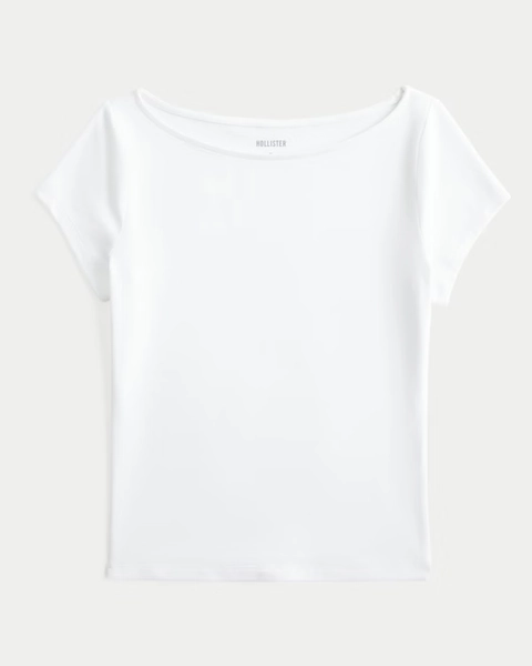 Short-Sleeve Smooth Seamless Fabric Slash-Neck T-Shirt