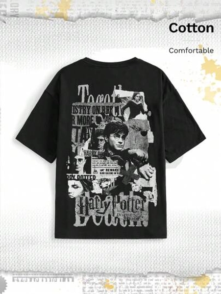 Harry Potter | ROMWE Spring/Summer Casual Graphic Black Newspaper Print Loose Fit Cotton T-Shirt