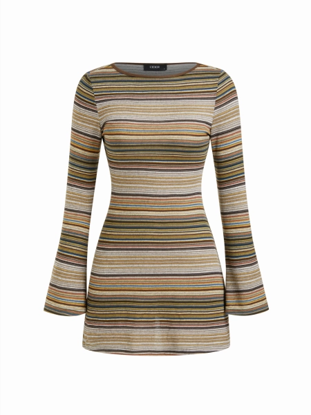Jersey Boat Neck Striped Bell Sleeve Flared Mini Dress
