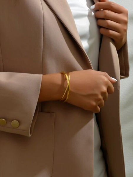 1 pezzo Bracciale di alta qualità, oversize, di moda, in acciaio inossidabile a due linee, di colore oro, adatto per uso quotidiano, gioiello da donna