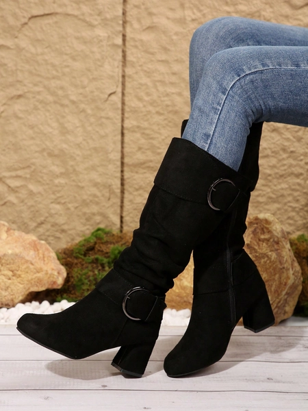 Fall/Winter 2025 Women's European & American Style Pleated Buckle Cone Heel Side Zipper Plus Size Knee-High Boots