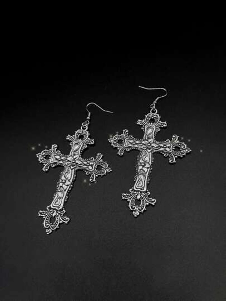 2pcs Cross & 2pcs Palace Pattern Metal Pendant Earrings, Women Festival Party Daily Outfit Accessory