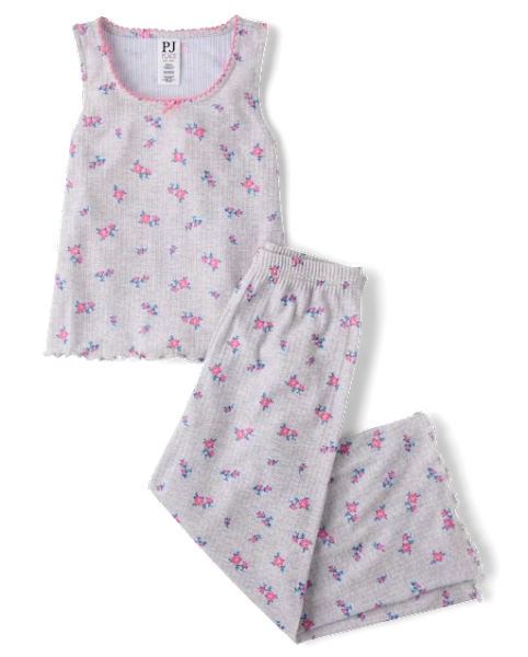 Girls Floral Lettuce Pointelle Pajamas - Gray