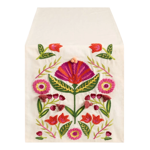 Oatmeal and Pink Suzani Floral Embroidered Table Runner