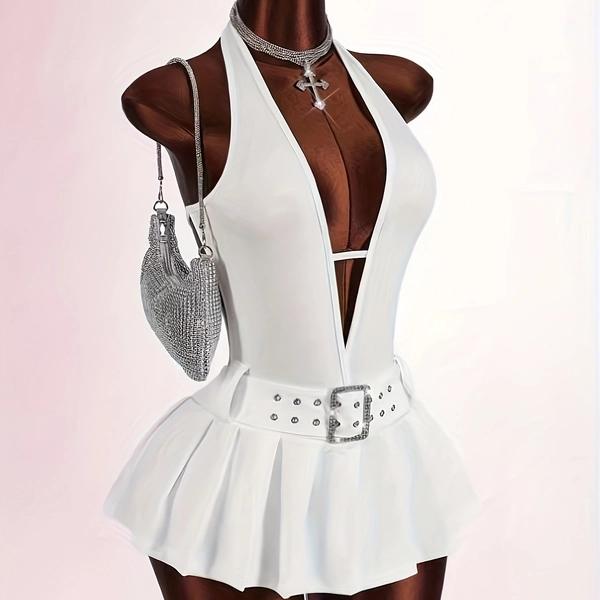 ASD1 Directional, Women's Y2K Dress, Deep V-Neck Backless Metal Buckle Decor High-Waisted Pleated Fitted Mini Dress with Leggings, Party Wear