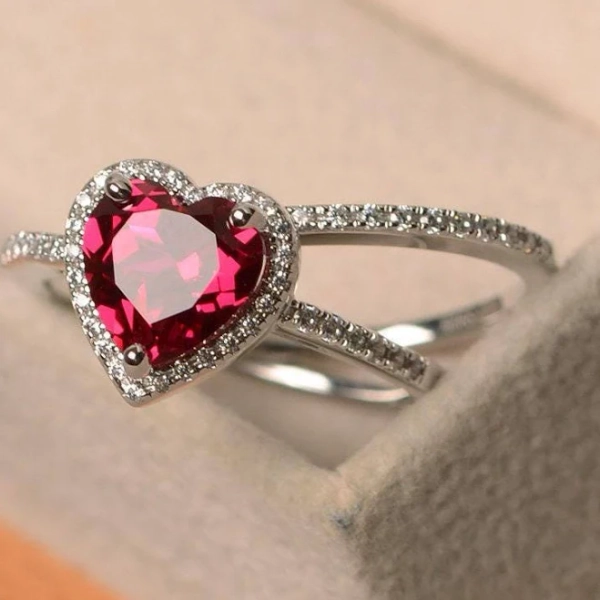 Ruby Heart Cut Silver Halo Ring Set