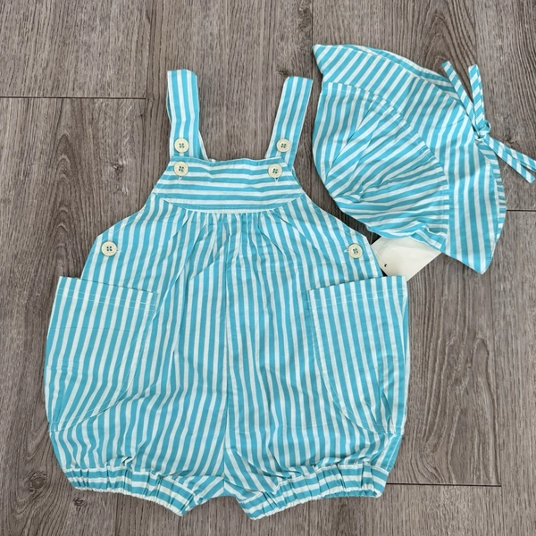 Vintage Baby Eaton’s 1980s Bubble Romper One Piece &amp; Sun Hat Blue Stripe Size 2t