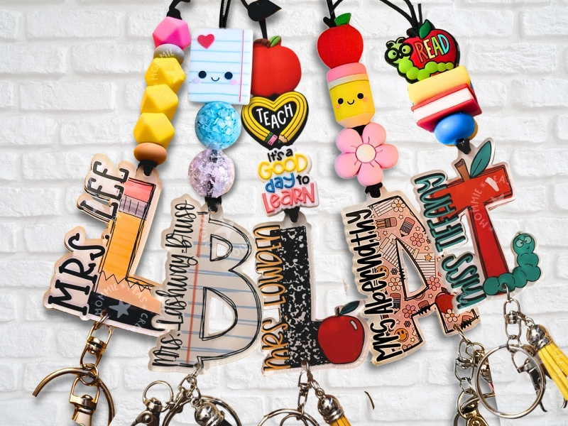 Personalized Teacher Lanyard, Beaded With School Supply Initials (customizable Font)
