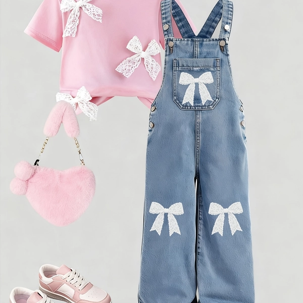 [Denim Jumpsuit With Bow] Young Girl Toddler Girls' Printed Denim Jumpsuit Holiday BD001 Pink Bow Denim Overalls Set Overalls With Pockets And Straight Leg Design Winter Fall School