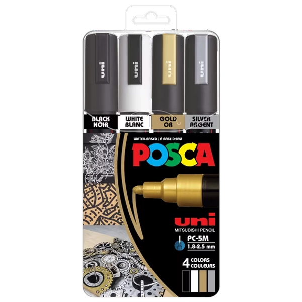 Uni POSCA PC-5M Paint Markers – 4 Assorted Colors, Medium Point (1.8-2.55mm), Acrylic Paint Pens for Art Projects