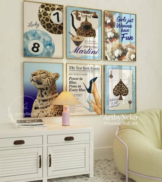 Navy Blue Leopard Fashion Wall Art Set of 6, Glam Printable Decor, Modern Feminine Gallery Wall, Y2K Dorm Posters, Trendy Coquette Prints