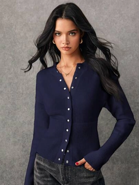 Poéselle Short Slim Front Button Solid Color Long Sleeve Simple Casual Knit Cardigan, Sweater,Short Women's Sweater,Women's Sweaters,Knit Sweaters,Winter Women's Clothing,Fall Women's Clothing,FW24,Knitted Sweater