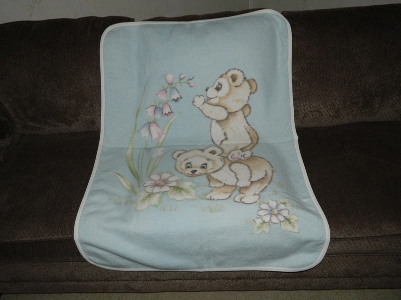 Vintage 1980s Blue Double Sided Baby Blanket Teddy Bears Flowers  Nursery