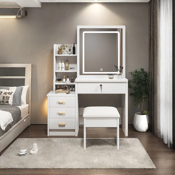 Legendstone White Dressing Table With Adjustable Mirror Cabinet With Stool Multiple Storage Space Popular Style Suitable For Bedroom Living Room Best Gift