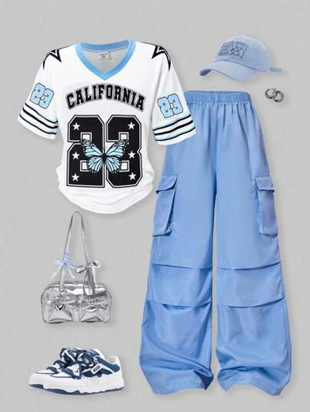 SHEIN 2pcs Tween Girls American Style Raglan Sleeve Graphic Tee & Applique Pocket Cargo Pants Set Girl Y2k Outfit