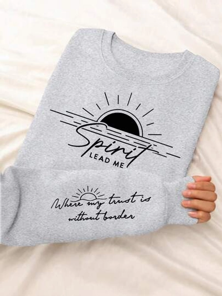 SHEIN LUNE Women's Crew Neck Sweatshirt With Sunrise & Letter Print, Casual & Simple Style Graduation,Back To School Outfits,Graduation,Teacher Outfits For Women,Back To School Pullover Fall Outfit