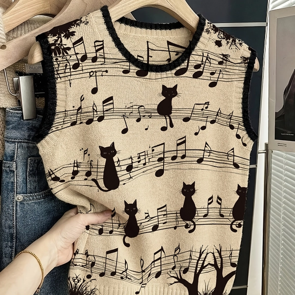 Women's Sleeveless Crew-Neck Sweater Vest/Lightweight All-Over Print Design/Color-Blocked Black Trim/Back Casual Pattern Cat Shaped Like Musical Note/Perfect for Spring, Summer, And Fall Wear