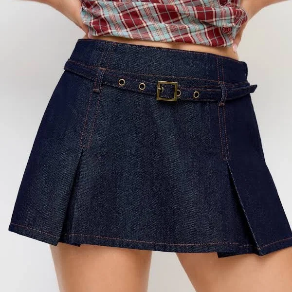 CIDER Women's Denim Low Rise Daily Casual Mini Skirt with Buckle and Belt