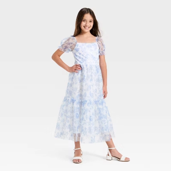 Girls' Puff Sleeve Floral Maxi A-Line Dress - Cat & Jack™ Ivory/Blue XL