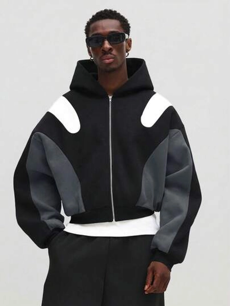 SUMWON Cropped Zip Up Hoodie With Contrast Paneling For Casual Streetwear Style Winter Fall Layering Oversized Fit - Size L