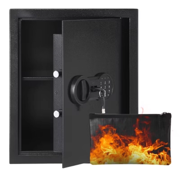 Fireproof and Water Resistant Digital Security Safe with Dual Key Lock - Heavy-Duty Steel Safe Box for Home and Office Storage, Wall Mountable