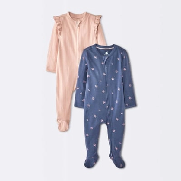 Baby Girls' 2pk Cozy Wide Ribbed Floral Sleep N' Play - Cloud Island™ Pink/Blue 6-9M