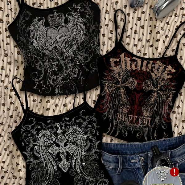 3pcs Women'S Punk Cross and Wings Print Tank Tops - Y2K Gothic Style, Black & Red Geometric Pattern, Spaghetti Strap, Sleeveless Summer Tops for Casual Outings, Gothic Clothing | Y2K Fashion | Spaghetti Strap Tops, Yk Top For Women, Yk Clothing For Women, Gothic Clothing, Gothic Clothe For Women