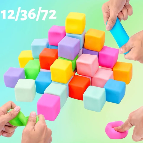 12/36/72PCS Slow Rising Stress Cube, Dough Stress Balls Soft Fidget Squishy Toys, Squishy Balls Bulk, Pull Stretch Classroom Prize Party Favors Toys,