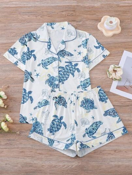 Two-Piece Set Of Women's Turtle And Starfish Print Pajamas, Casual And Comfortable Short-Sleeved Shirt And Shorts Set, Women's Pajamas