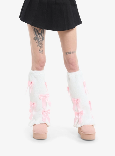White Faux Fur Pink Bow Leg Warmers