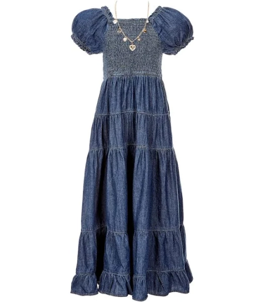 Rare Editions Girls' Denim Tiered Maxi Dress & Necklace Set