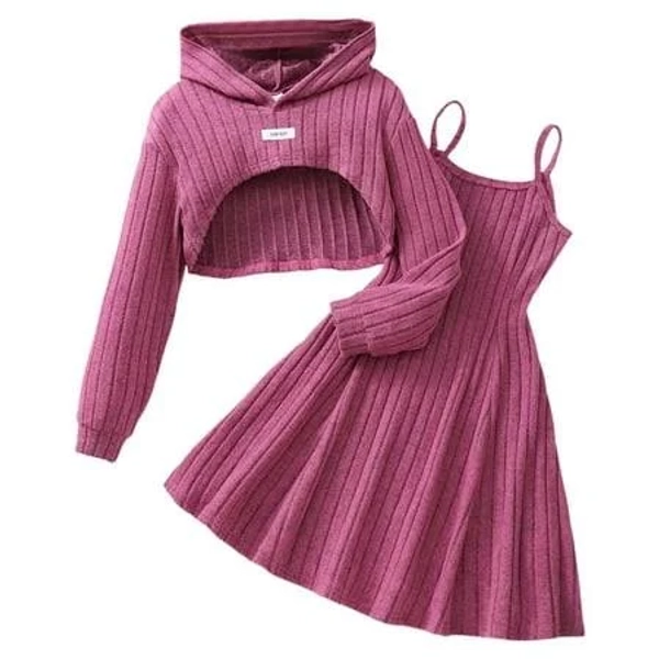 Ulitacool Girl'S Outfits Ribbed Hooded Long Sleeve Top With Suspenders Pleated Dress Two Piece Outfit Trend Clothes Pink 8-9 Years