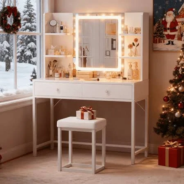 White Lighted Vanity with Stool and Mirror