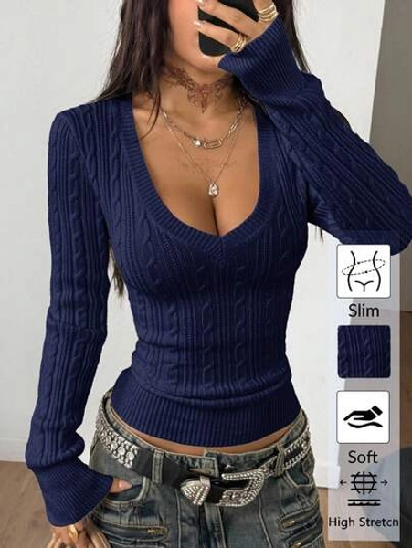 Coolane Women's Winter Vintage Preppy Y2K Daily Wear Going Out Renaissance Fair Club Outfits Navy Blue V-Neck Sweater,Fall,Fall Clothes For Women,Winter Clothes For Women