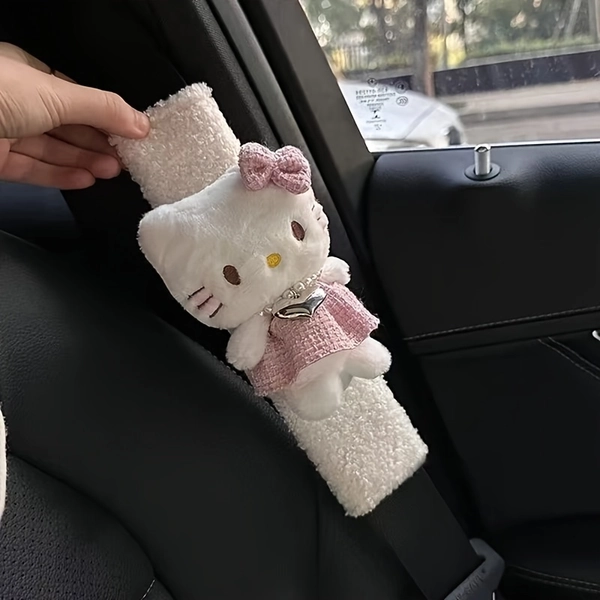 1pc Officially Licensed Hello Kitty Plush Car Seat Belt Cover, Tweed Style Girly Heart Car Interior Protector