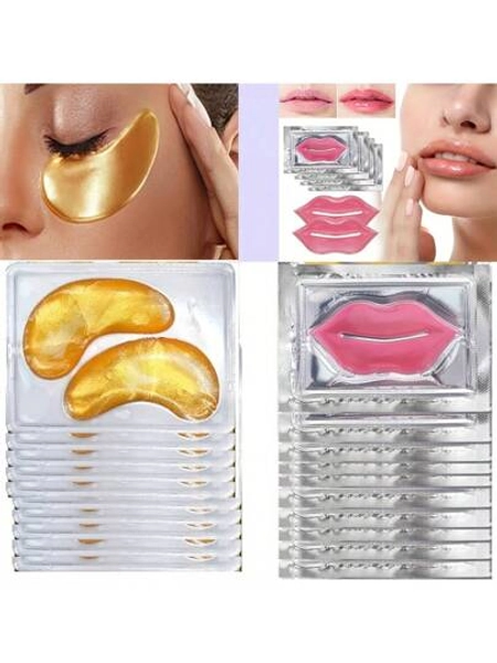 A Set Of 10 Lip Masks And 10 Golden Eye Masks Containing Collagen And Moisturizing Ingredients, Suitable For Both Men And Women, Daily Skincare, Mild Formula, Hypoallergenic, Essential For Travel, Suitable For All Light Beige Skin, Perfect For Mother's Day Gifts And Surprises