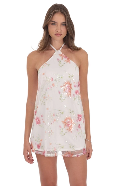 Floral Sequin Halter Shift Dress in White | LUCY IN THE SKY
