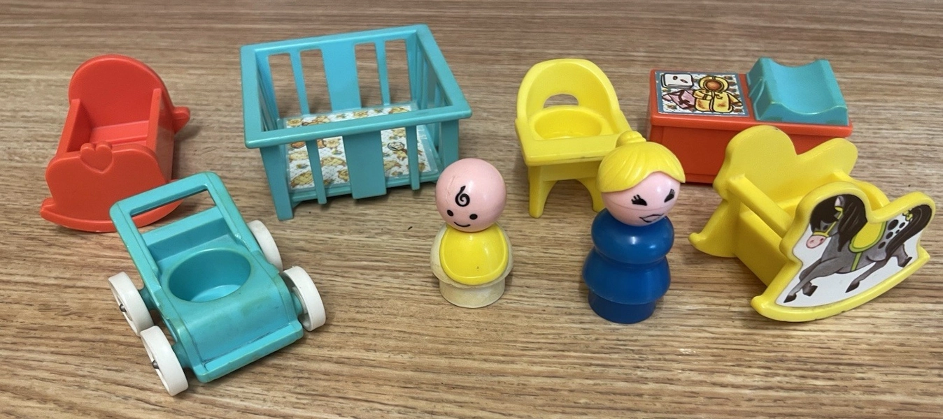 Fisher Price Nursery Set. 1970’s. Includes Cot, Pushchair, Furniture &amp; 2 People