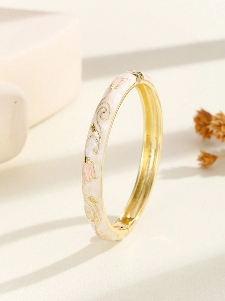 1pc Fashion Vintage Gold-Plated Floral Pattern Enamel Filigree Bracelet For Women And Girls