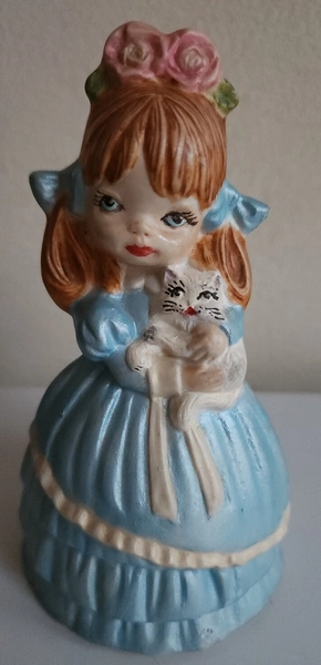 Vintage 1980s Girl Kitten Blue Dress Figurine Porcelain Made in USA Handmade 5" 