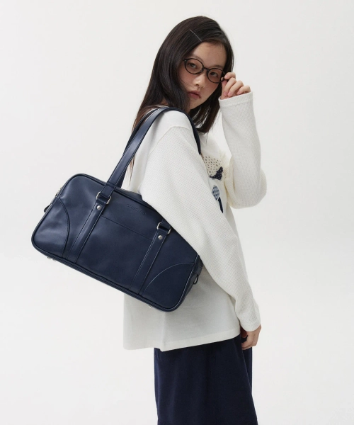 VINTAGE SQUARE LEATHER TOTE BAG, NAVY