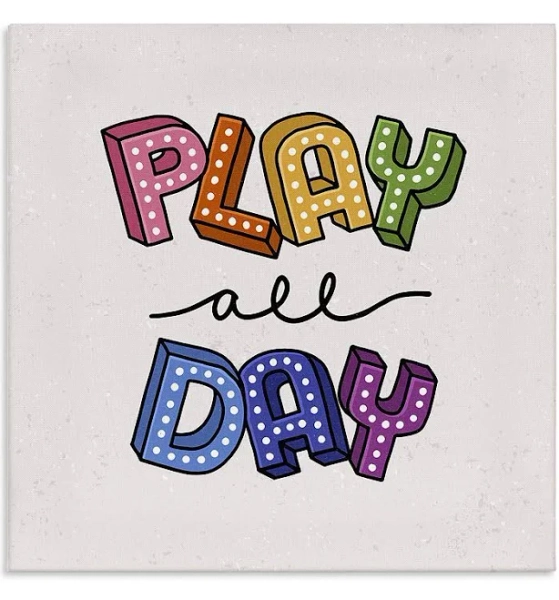 Stupell Industries Play All Day Phrase Funk Kids Retro Lettering Framed Wall Art
