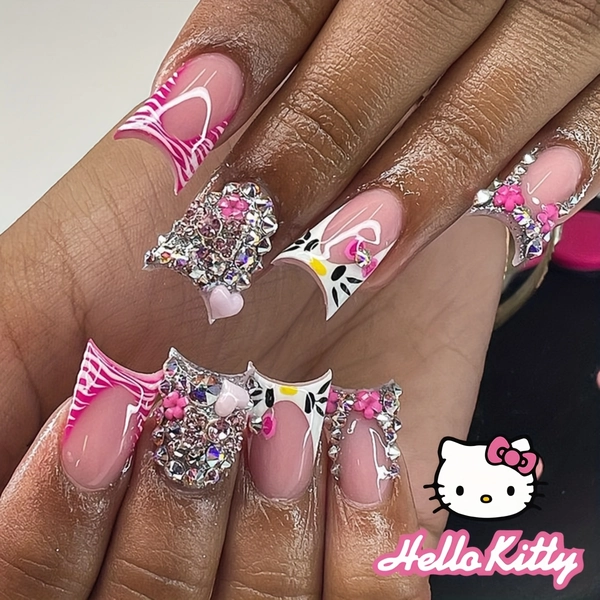 [Cute Duckbill Nail] 24pcs Sanrio Duckbill Nail Stickers | Cute Hello Kitty Pattern French 3D Colorful Glitter White Heart Rhinestone Pink Flower Rhinestone Long Nail Set with One Piece of Jelly Glue and One Piece of Rubbing Strip - Fashion Daily Nail Set Suitable for Women's Daily Life and Ball