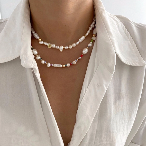 Freshwater Pearl Necklace: Rainbow Beaded, 18k Gold Accents