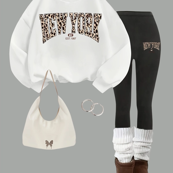 New Spring/Autumn Girls' Fashionable Streetwear Set: Sweet & Cool Personality Leopard Print Letter Graphic Print Crew Neck Long Sleeve Sweatshirt + Versatile Long Pants, Suitable for Autumn Outings, Vacations, Travel, Outings