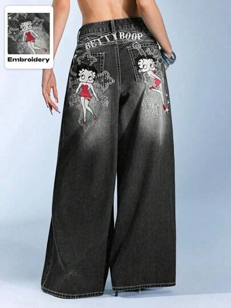 Betty Boop | ROMWE Pattern Embroidered With Gothic Cross & Vine Rose Distressed Wash Oversized Straight Leg Extra Long Y2K Jeans