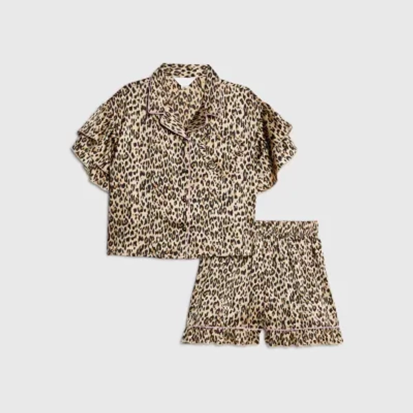 Girls Brown Satin Leopard Print Pyjama Set